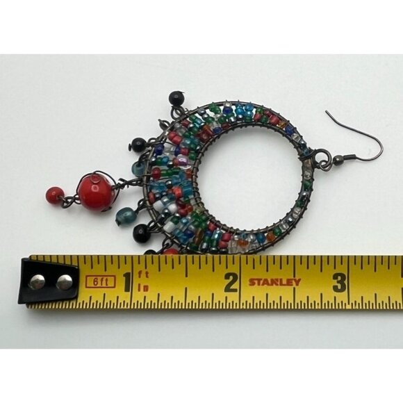 Colorful Beaded Hoop Earrings with Dangle Accents Silver Tone Seed Bead Rainbow - Picture 4 of 6